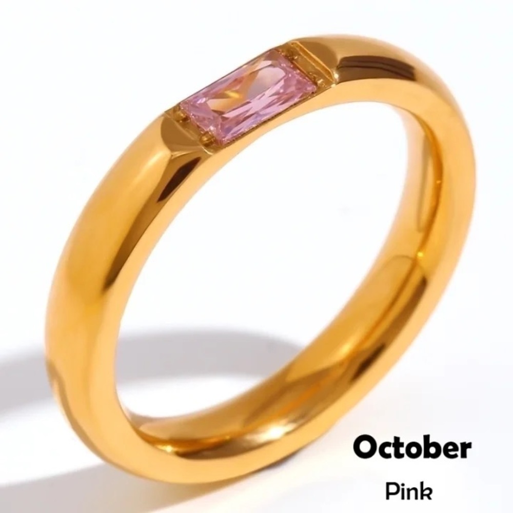 October Birthstone Ring Pink Zircon 18K Gold Plated Stainless Steel